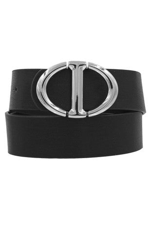 Black Faux Leather Belt with Oval Shaped Silver Buckle