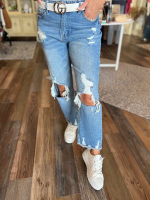 High Rise Distressed Crop Straight Legged Jeans