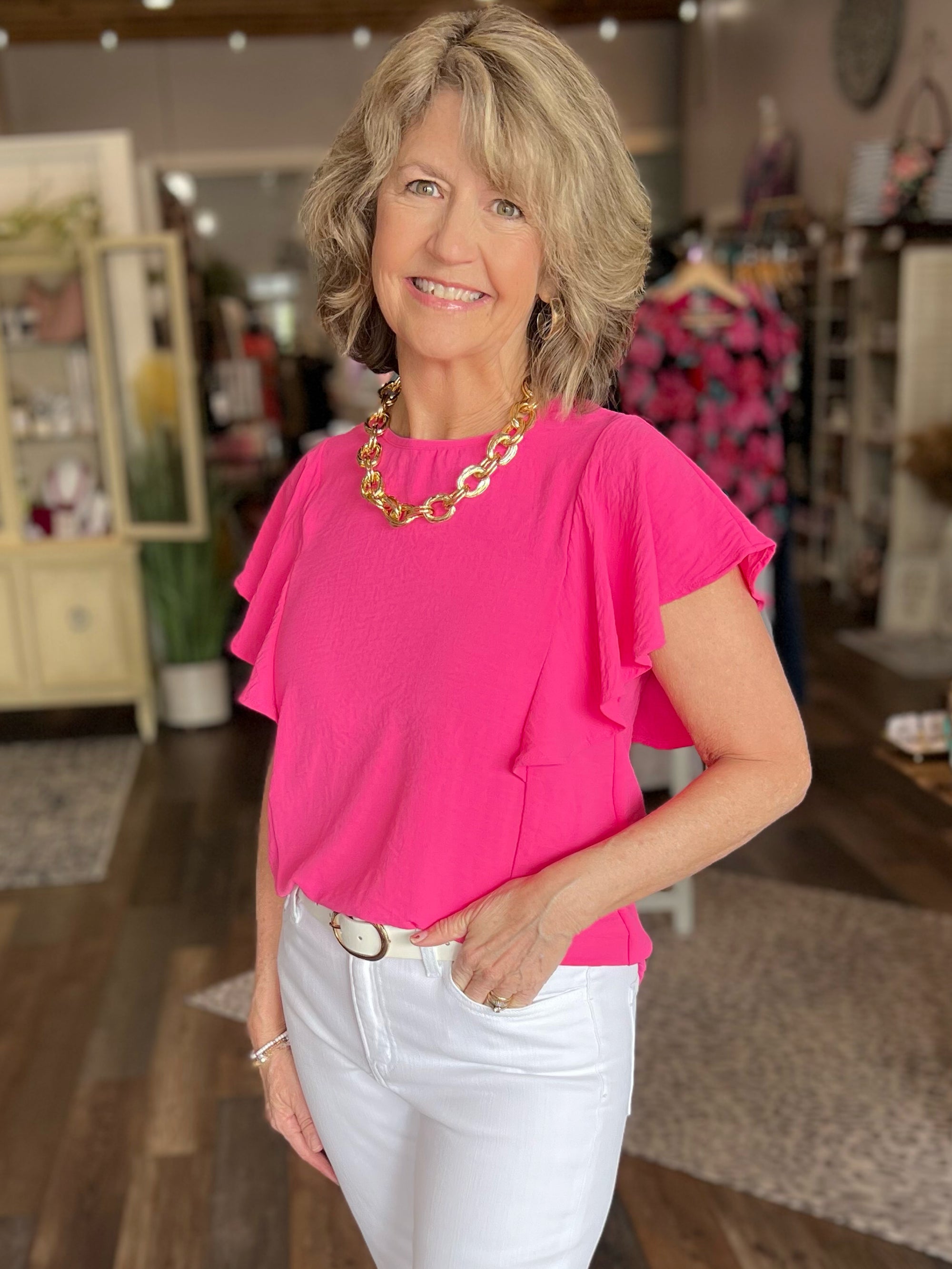 MiMi Ruffled Sleeve Top in Hot Pink or Teal