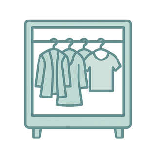 Outline icon of a clothing rack with hangers holding jackets, dresses, and a t-shirt, teal line art on transparent background.