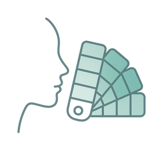 Outline of a face with a color swatch fan palette in teal tones, transparent background.