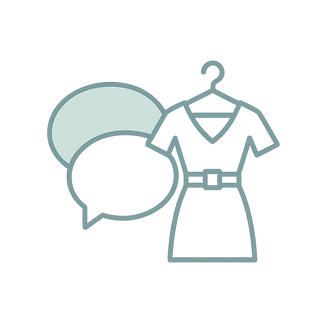Outline icon of a dress on a hanger with two speech bubbles, teal line art on transparent background.