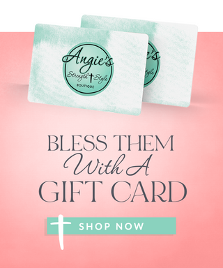 Angie’s Strength and Style Boutique gift card banner with bless them with a gift card text and shop now button.