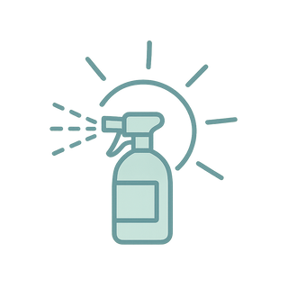 Outline icon of a spray bottle with mist and sunburst lines, teal line art on transparent background.