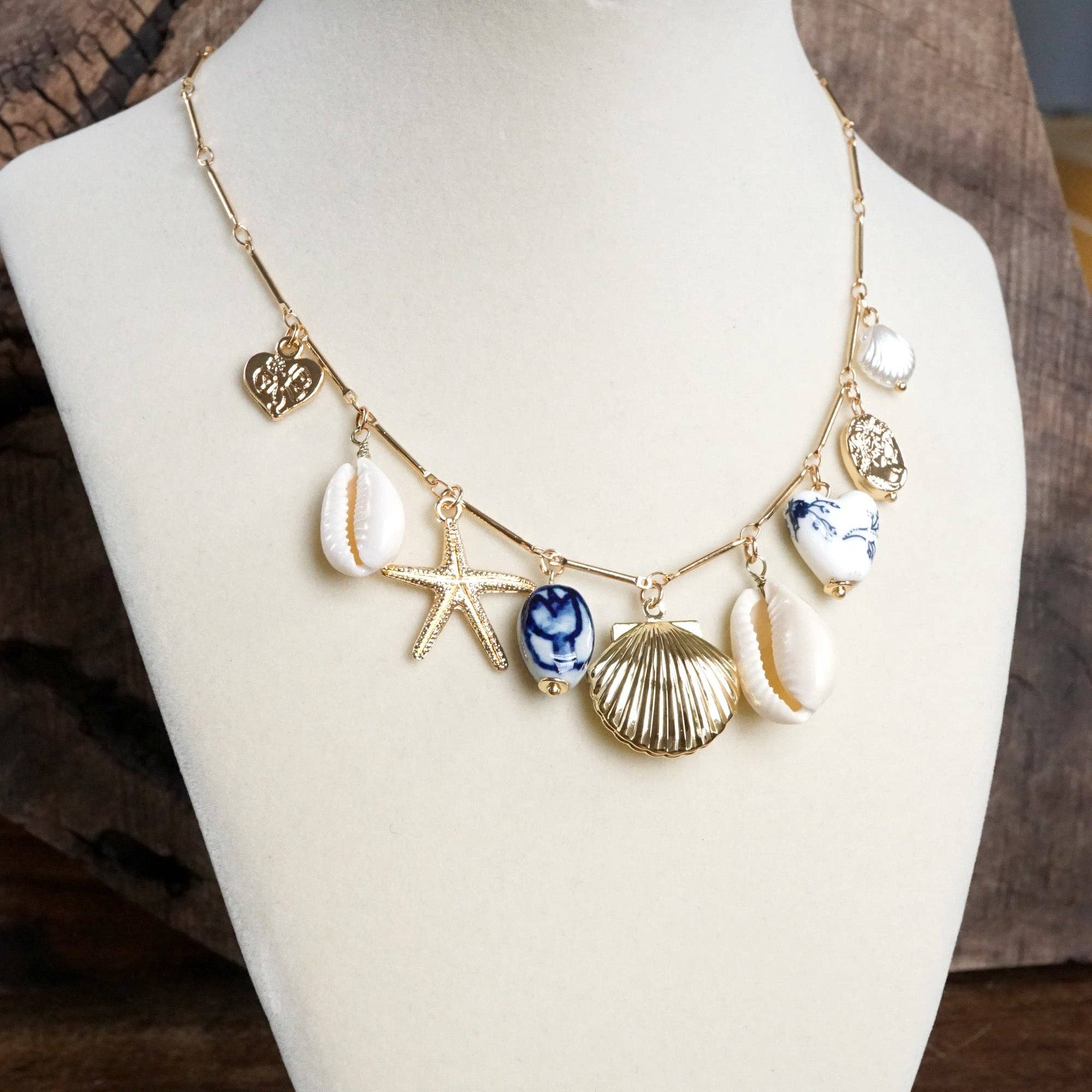 Multi-Charm Chinoiserie & Shell Locket Necklace – Blue & Gold