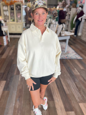 Oversized Polo Collared Fleece Pullover – Cream