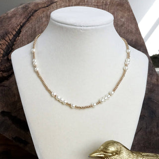 Short Dainty Necklace - Pearls and Ball Beads in Gold Tone