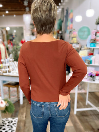 Side Button Stunner Boat Neck Top — Rust