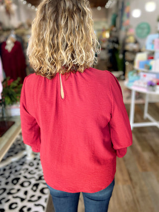 Sweet & Simple Ruffle Mock Neck Blouse — Cranberry