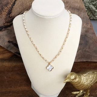 Short Beaded Clover Pendant Necklace with Semi-Precious Stone Beads