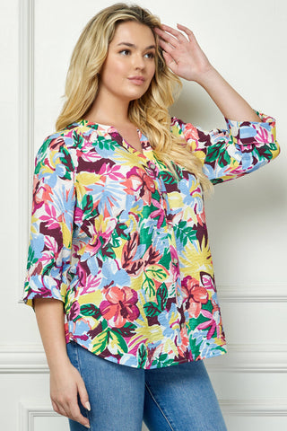 Summer Florals Mandarin Collar Blouse in Curvy