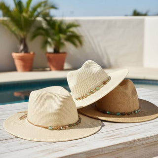 Turquoise Stone Band Straw Summer Fedora Hat: Tan or Stone