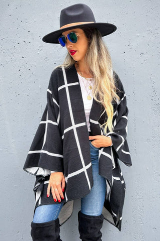 Black Grey Dual-Tone Check Printed Cozy Reversible Ruana