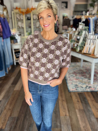 The Meadow Bloom Puff Sleeve Sweater in Olive