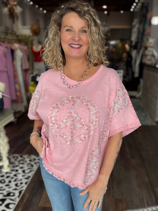 Pink Floral Peace Patch Oversized Tee