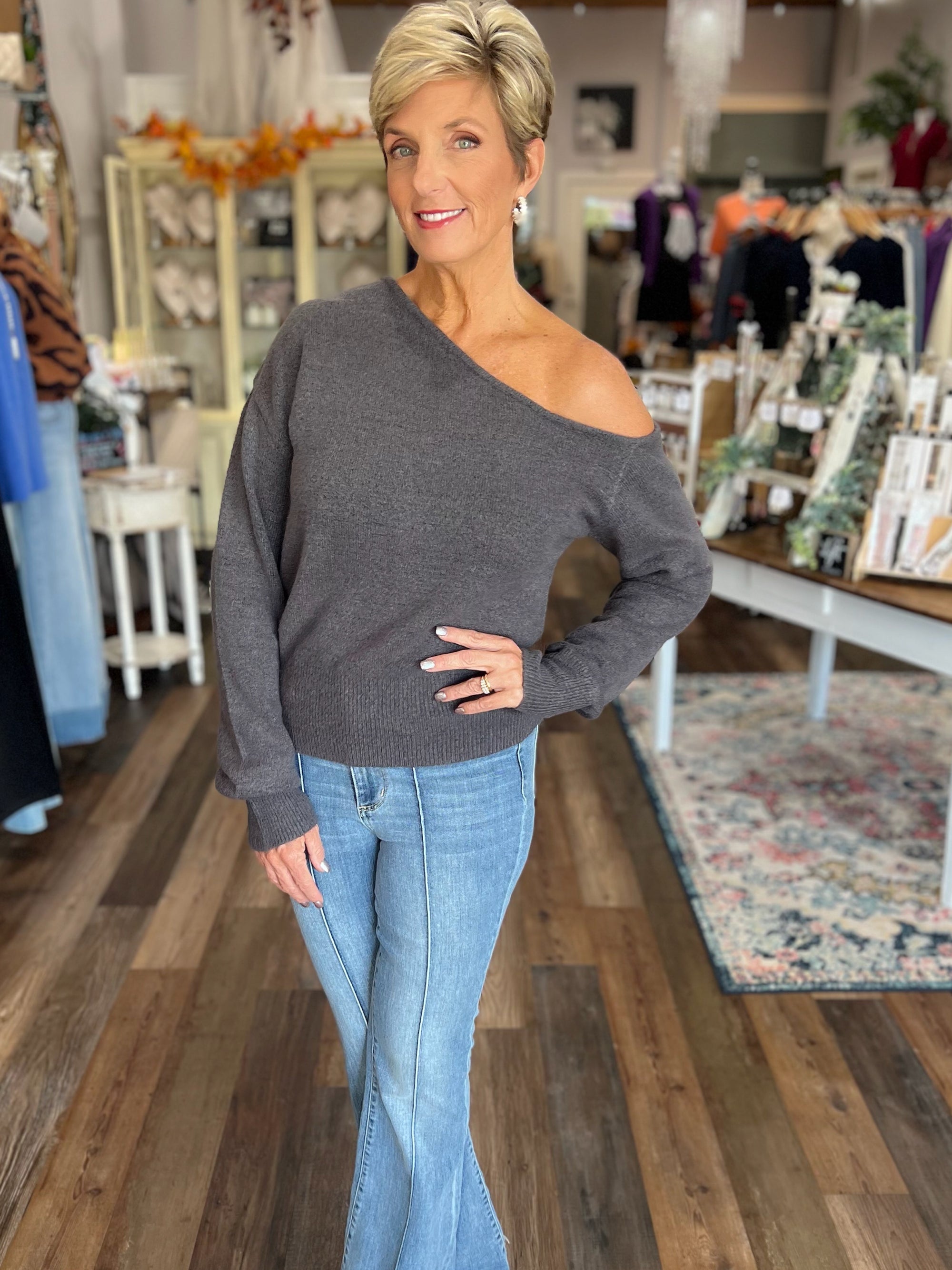 The Effortless Edge Off-Shoulder Sweater in Charcoal
