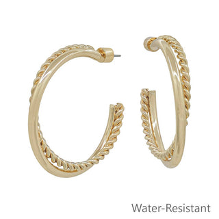 Gold hoop earrings on a white background with 'Water-Resistant' text.