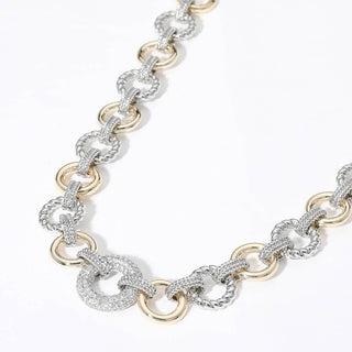 14K Gold Plated Two Tone CZ Stone Paved Ring Link Necklace
