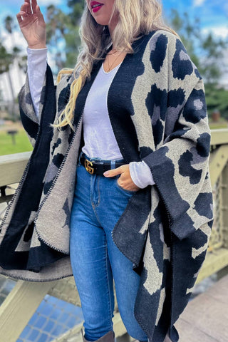 Black Leopard Printed Knitted Cozy Kimono Cardigan