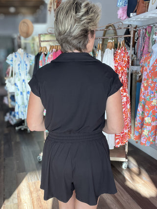 Quarter Zip Romper in Black - Butter Soft!