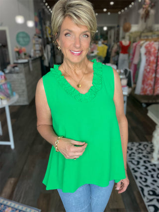 Ruffle Neck Sleeveless Top in Green