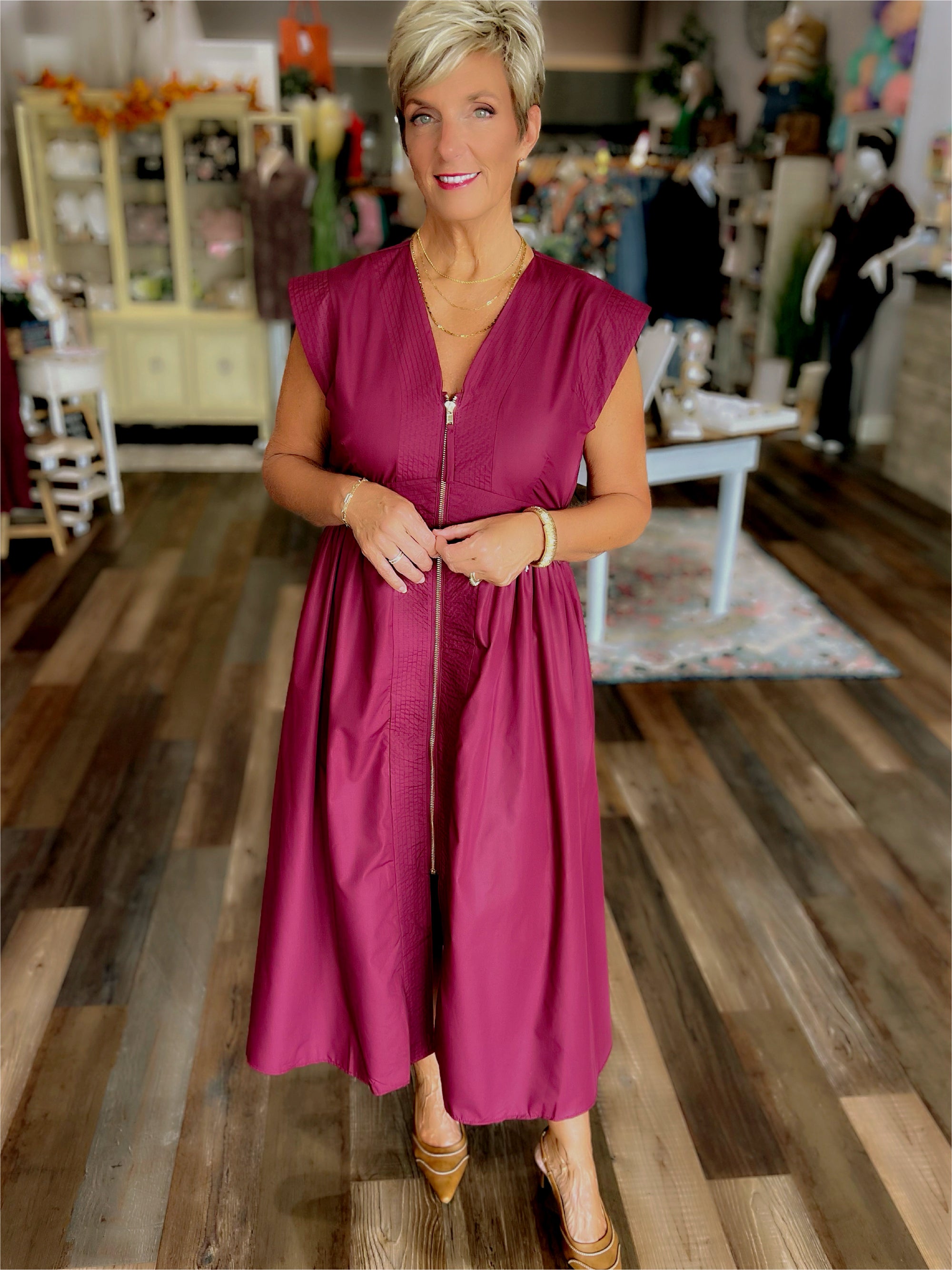 Zip-Front V-Neck Midi Dress with Cap Sleeves