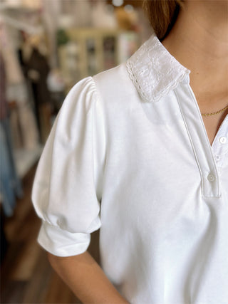Embroidered Collar Puff Sleeve Knit Top