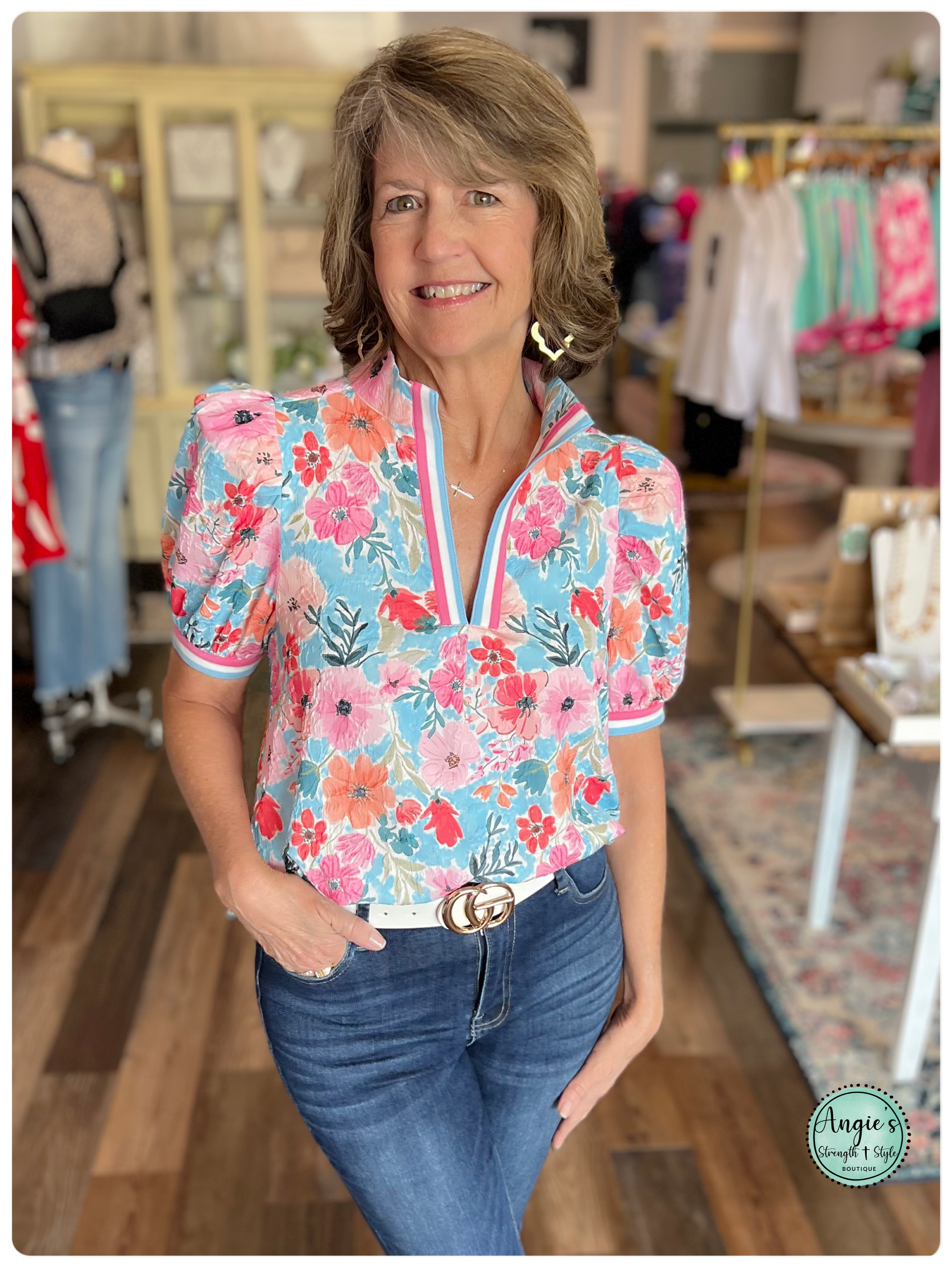Floral High-Collar Split Neck Blouse