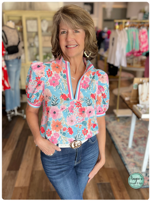 Floral High-Collar Split Neck Blouse