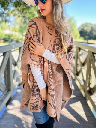 Elegant Floral Print Cape in Camel