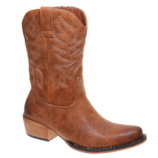 Brown cowboy boot with intricate stitching on a white background