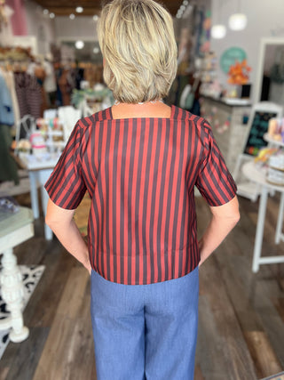 V-Neck Sienna and Brown Striped Blouse
