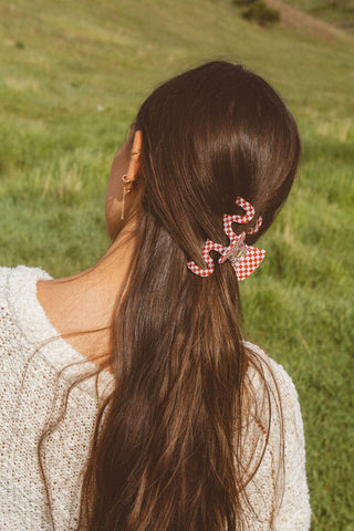 A woman with long dark brown hair seen from behind, wearing a red and white checkered hair claw clip in her ponytail, set against a soft-focus green grassy background.