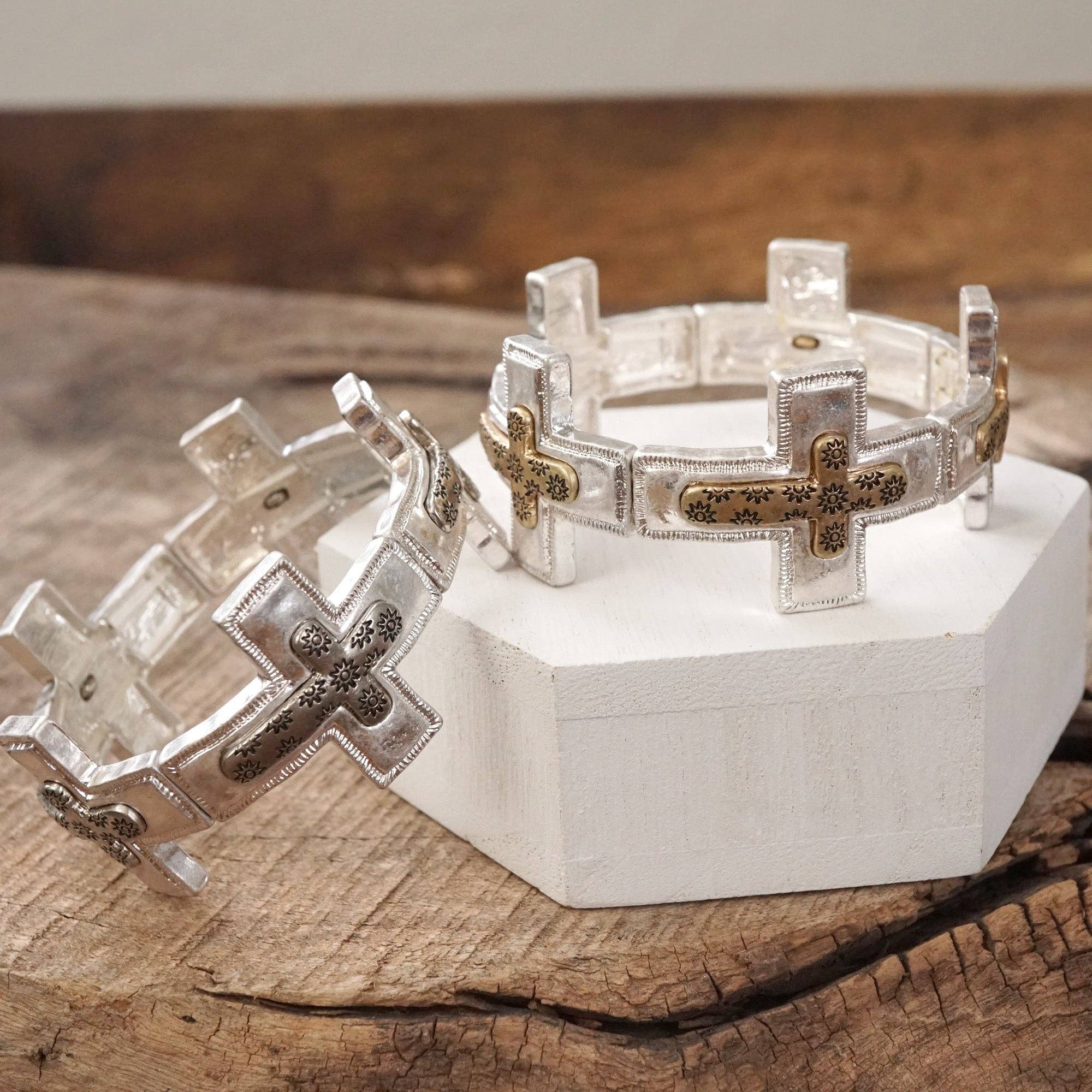 Cross bracelet in Worn Silver or Gold Tone - Boho Style