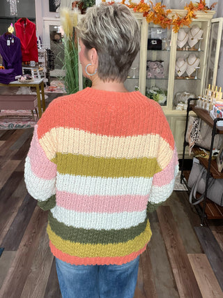 Striped Color Block Chunky Sweater Pullover – Rust & Olive