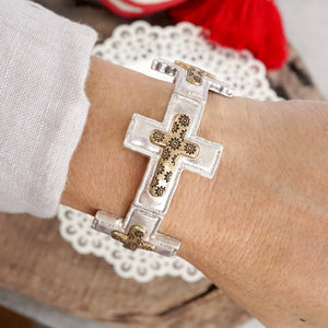 Cross bracelet in Worn Silver or Gold tone boho style