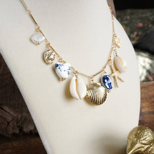 Multi-Charm Chinoiserie & Shell Locket Necklace – Blue & Gold