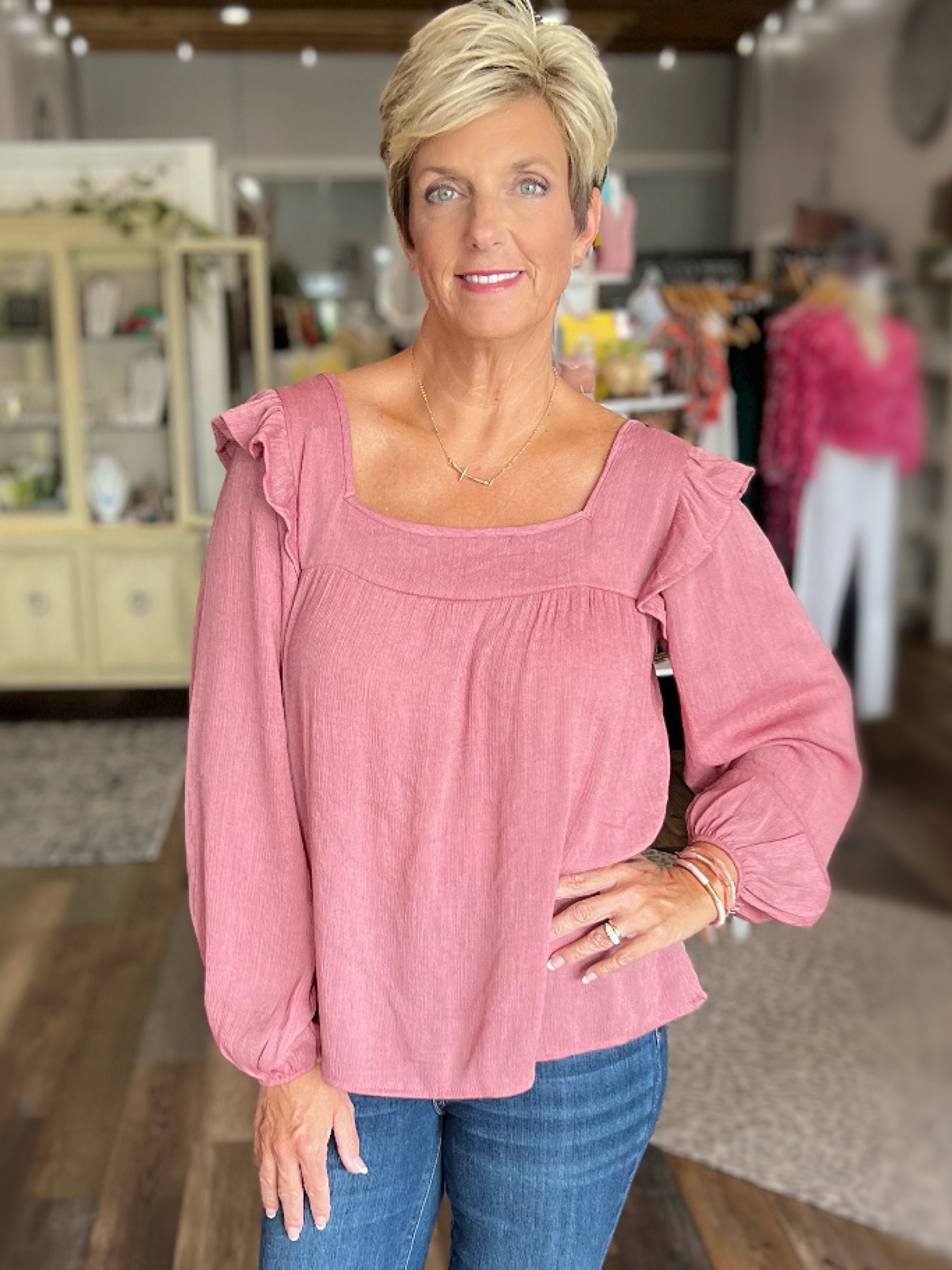 Washed Crepon Square Neck Top