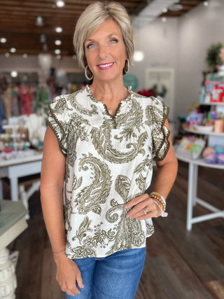 Olive Grove Flutter Top