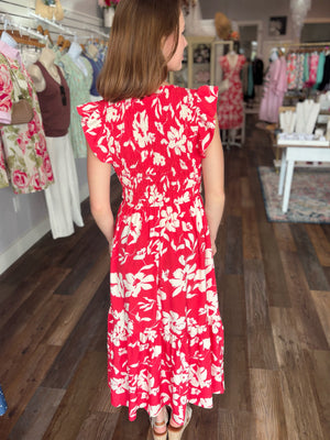 Two Tone Floral Print Midi Dress