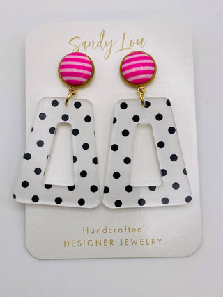 Fun Polka Dots With Pink and White Stripe Button Earrings