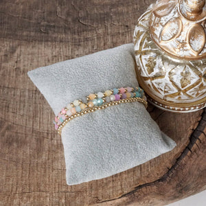 Small Gold tone and Glass beads bracelet stack of 3 bracelets - Pink, Mint or Multi