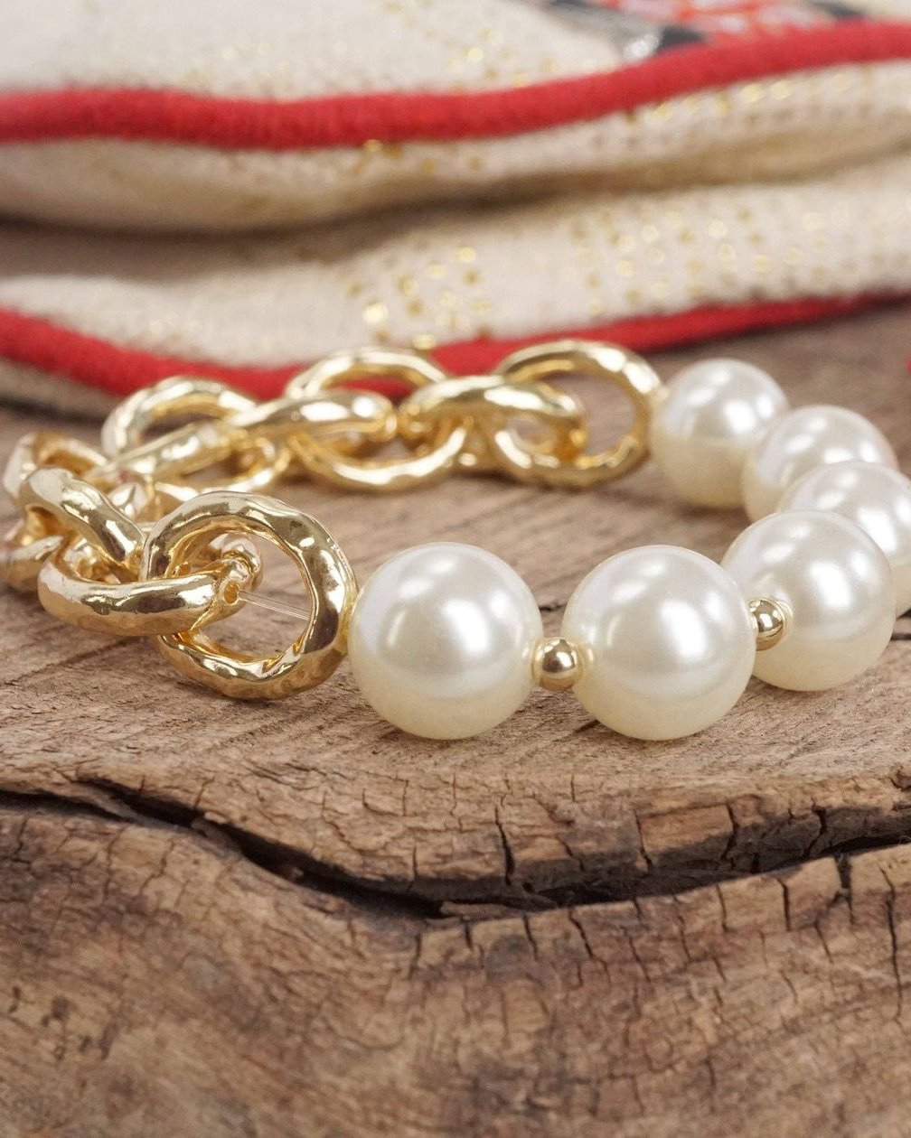 Chunky Chain and Pearls Beads Bracelet Gold Tone (small beads)