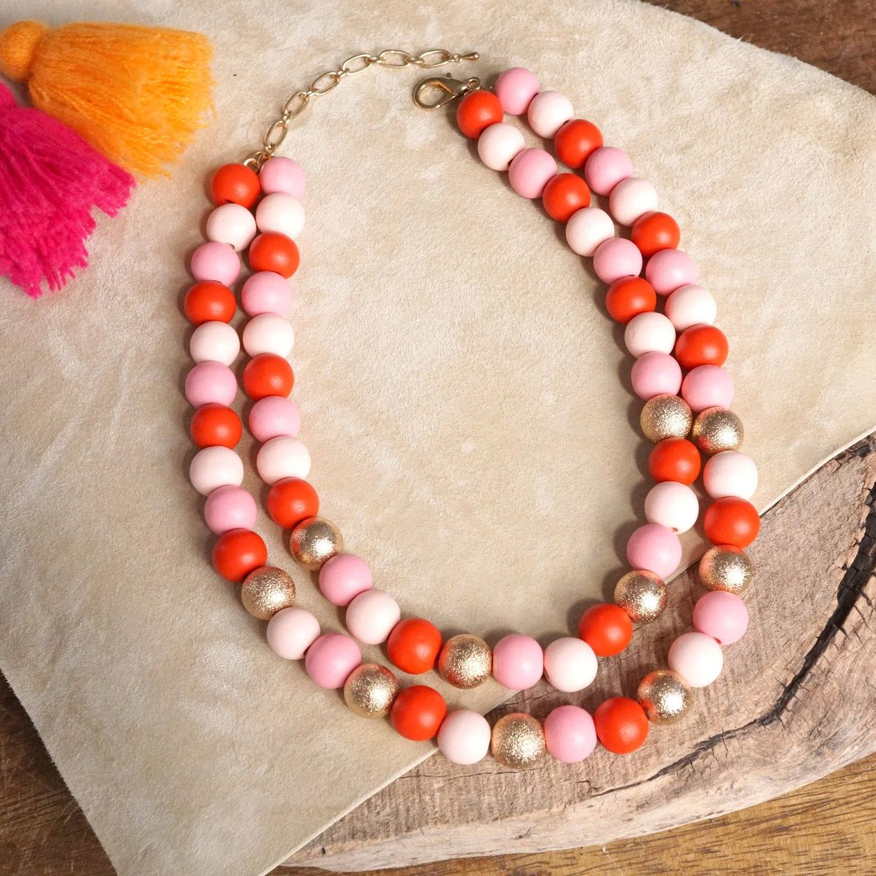 Multi Strand Wooden Beads Short Statement Valentines Necklace in Pinks Red and Gold