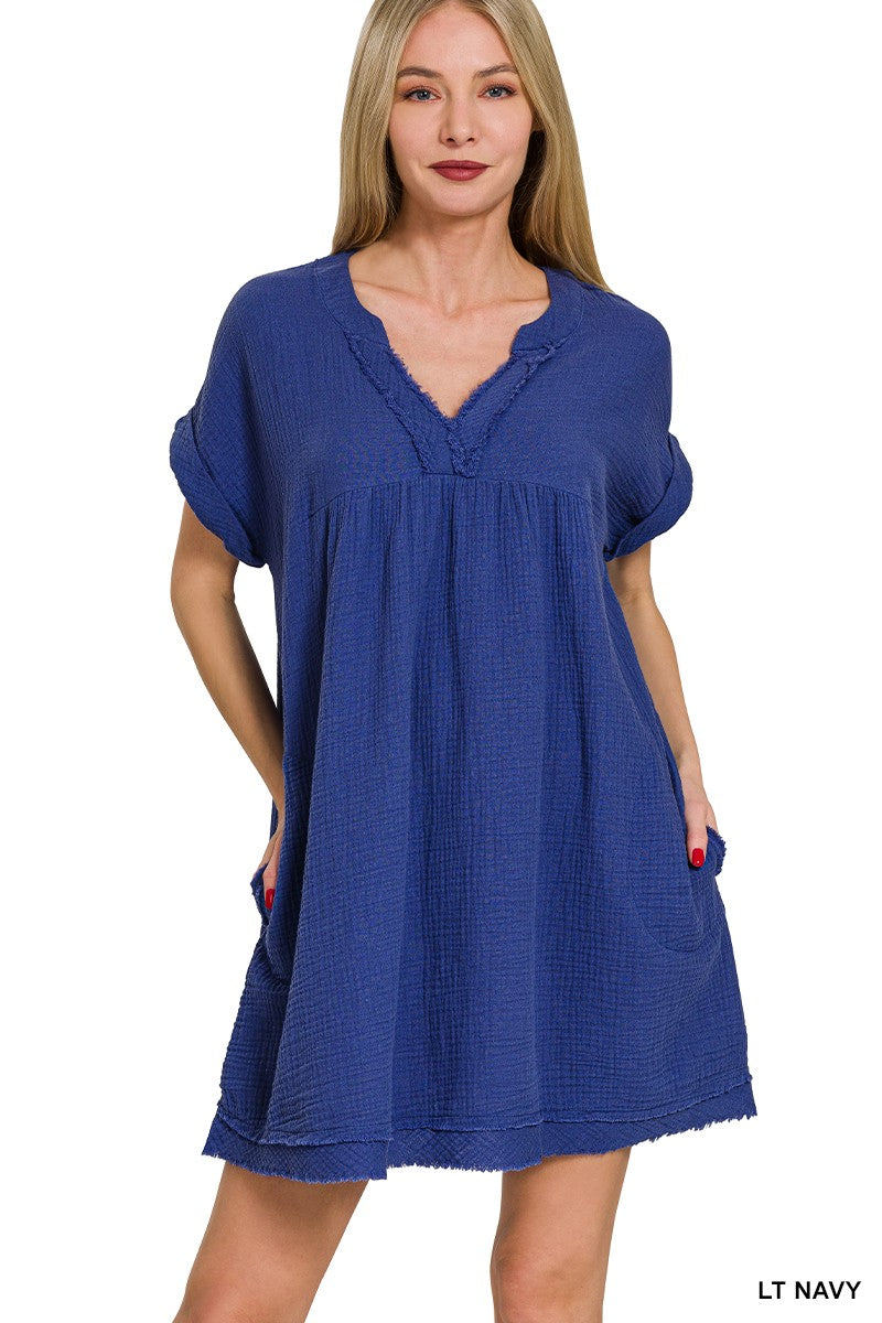 Raw Edge V Neck Dress in Navy