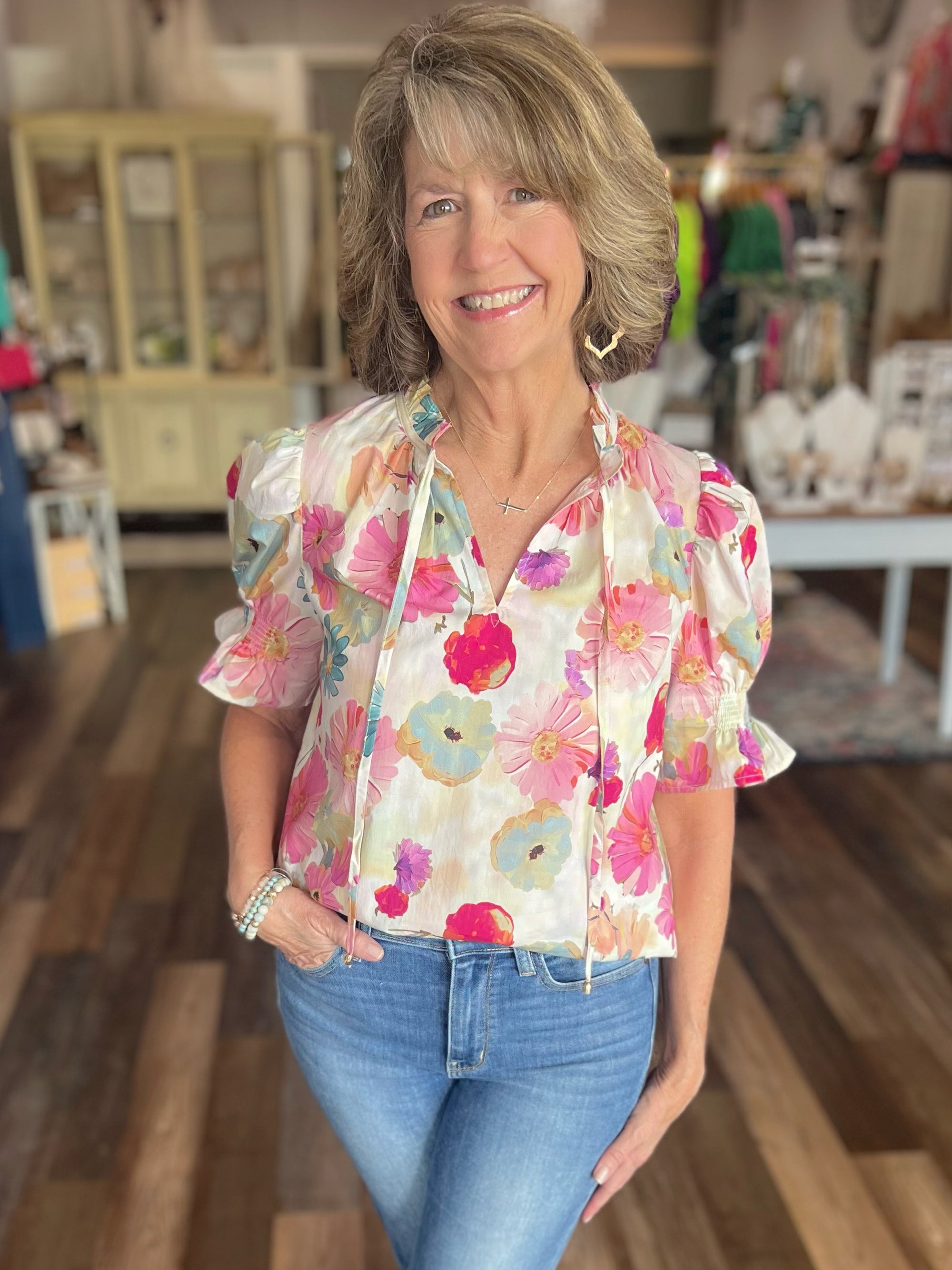 In Full Bloom Floral Print Short Sleeve Top