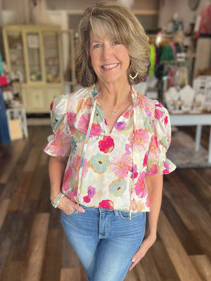 In Full Bloom Floral Print Short Sleeve Top