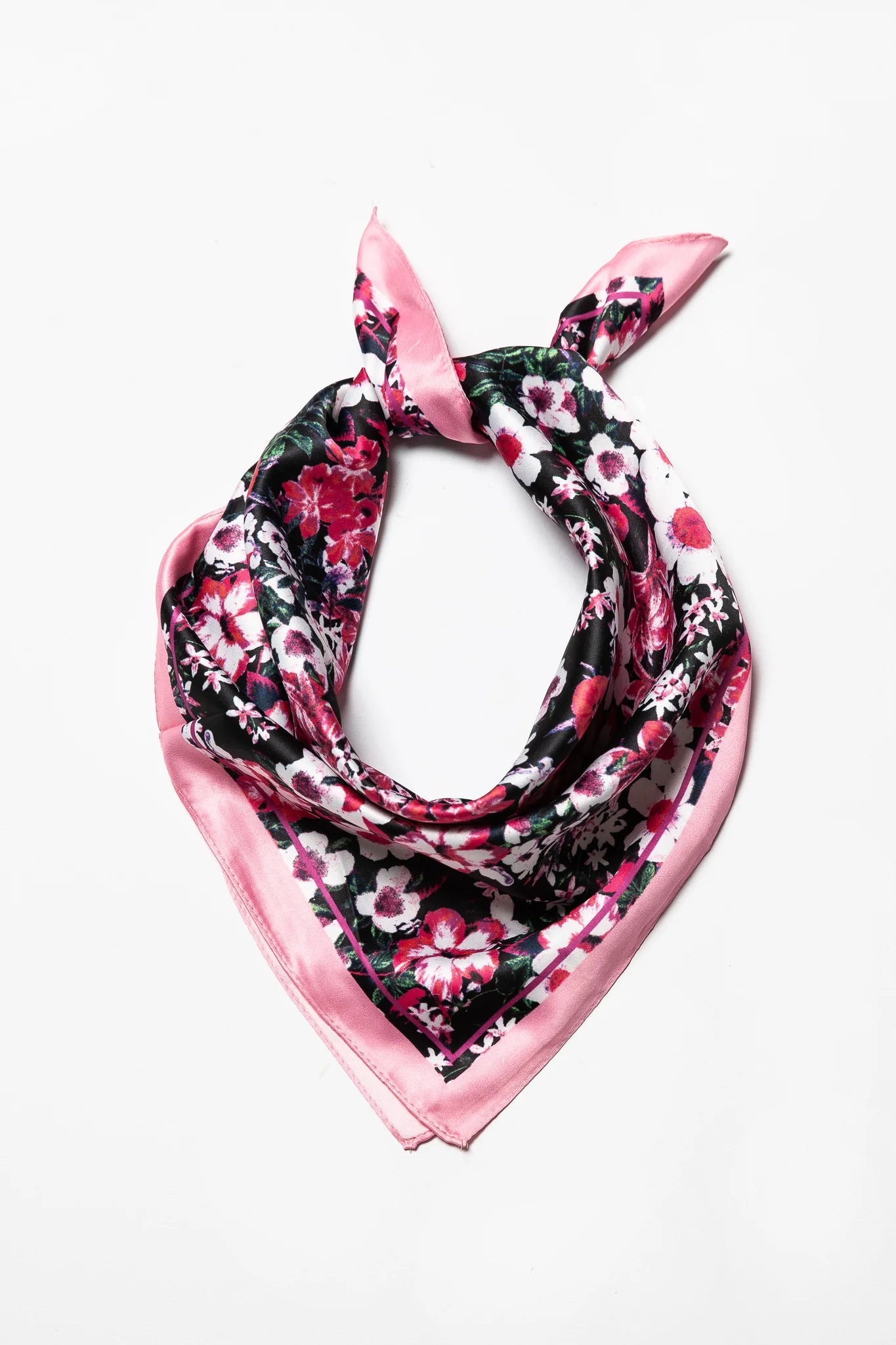 Black and Pink Flower Print Silky Feeling Bandana Scarf