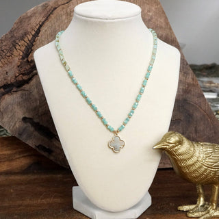 Short Beaded Clover Pendant Necklace with Semi-Precious Stone Beads
