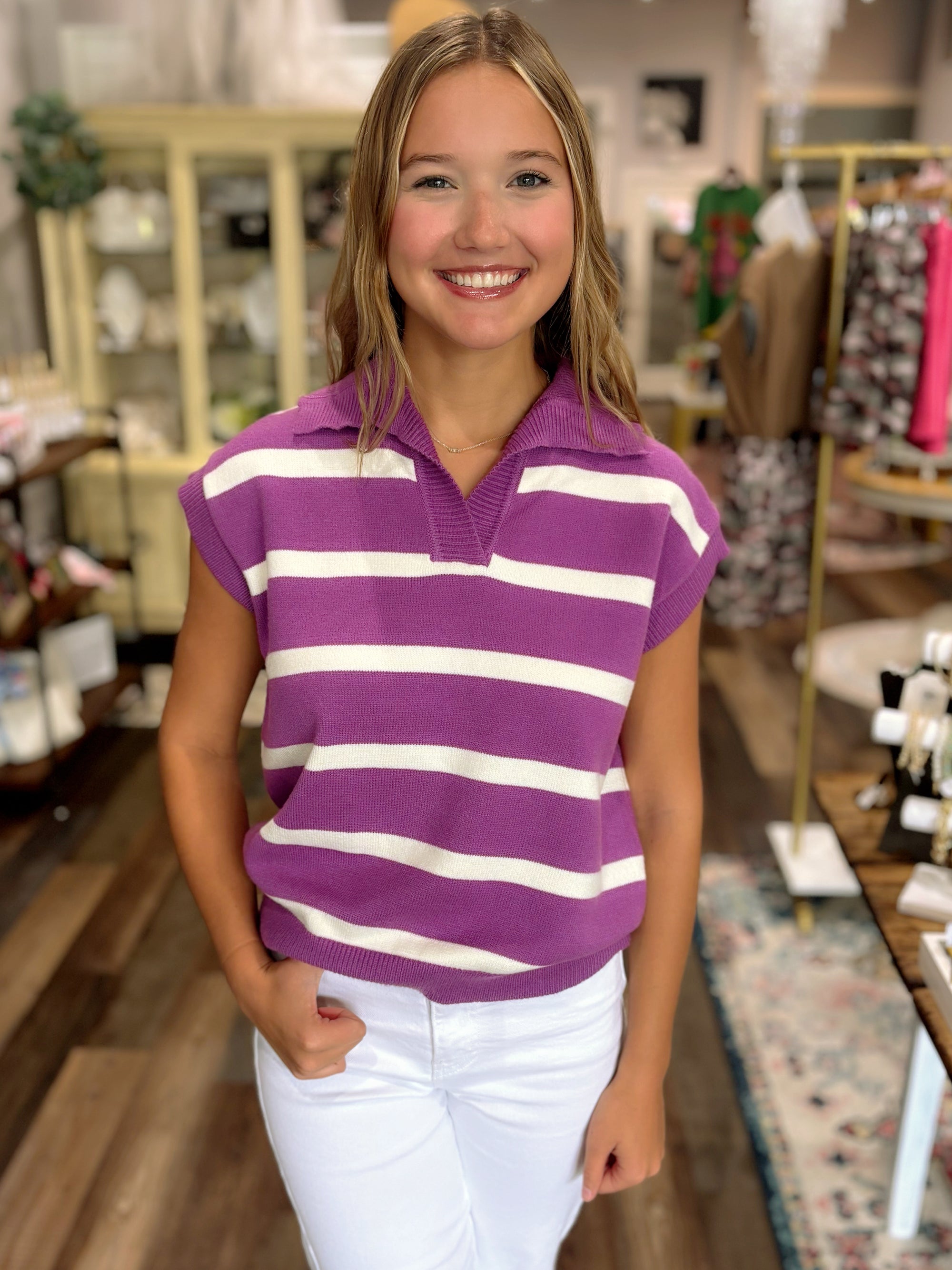 Striped Short Sleeved Sweater in Violet